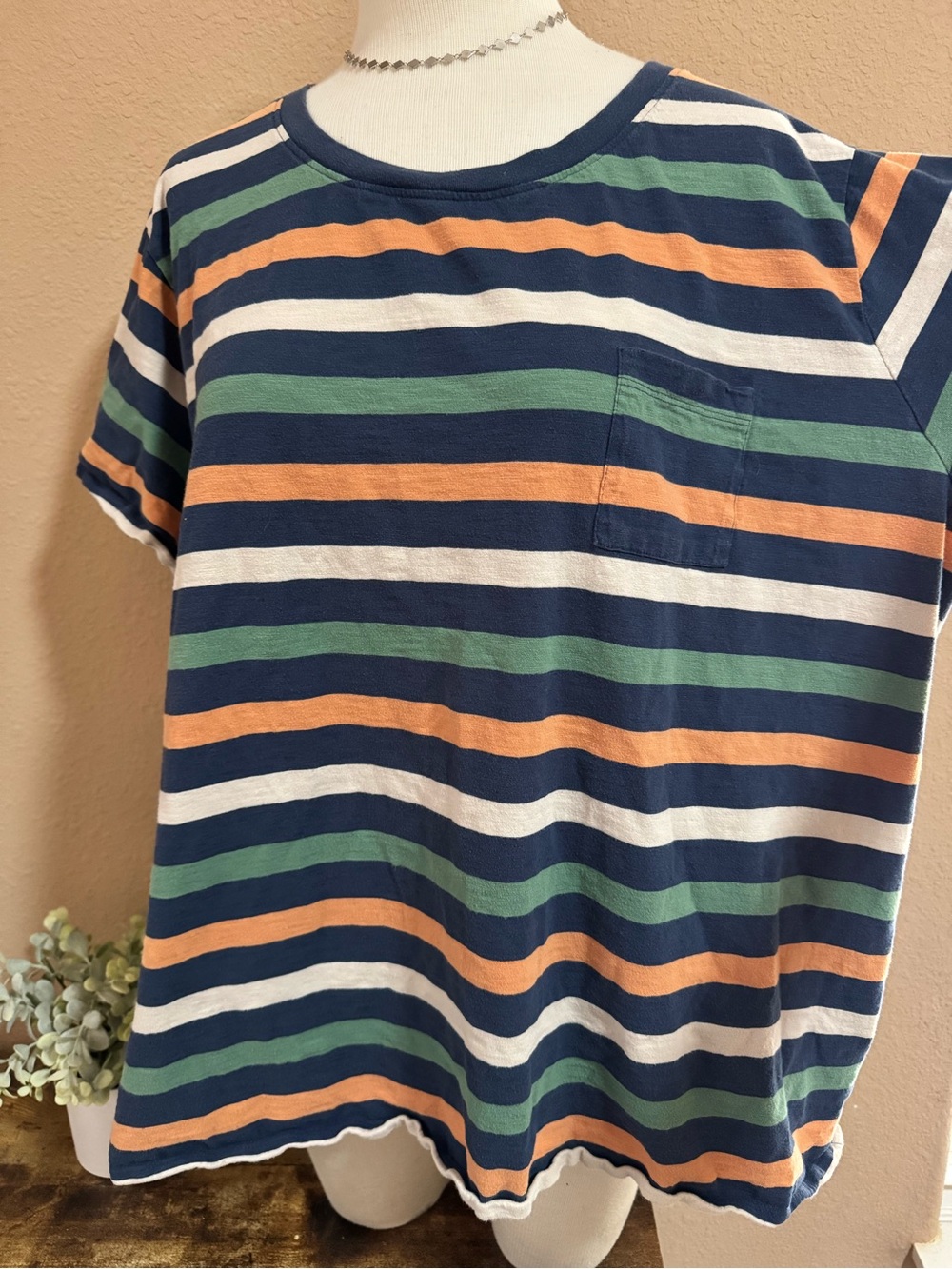 Natural Reflections Navy, Green & Peach Striped Crewneck Pocket Tee